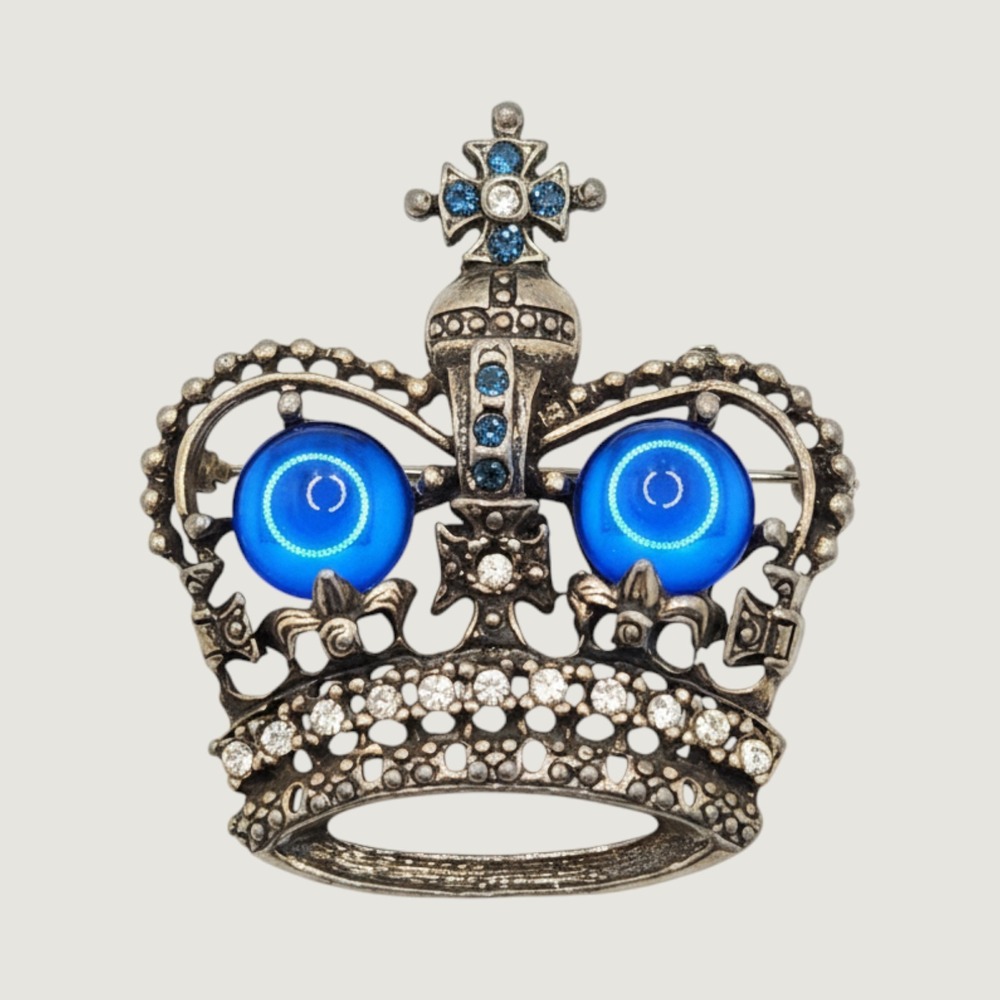 Vintage Crown Brooch Blue Cabochon Rhinestone Royal Imperial Victorian Style